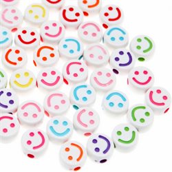 Smiley - emoji perler. Hvid med mix farver. 7 x 3.5 mm. 50 stk.